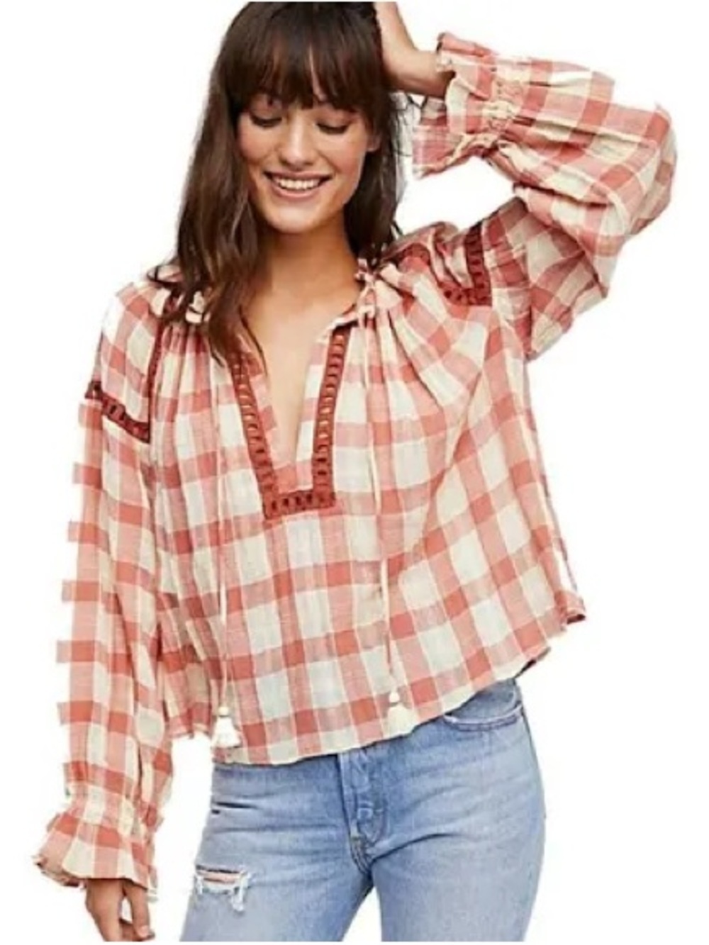 Free People Rust and Cream Plaid Peasant Tunic - Picture 2 of 7